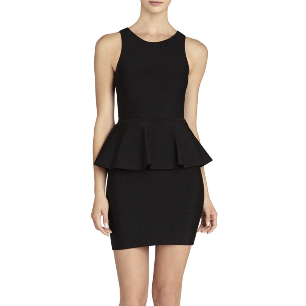 BCBG MAXAZRIA - BLACK FRANCIS PEPLUM BANDAGE DRESS